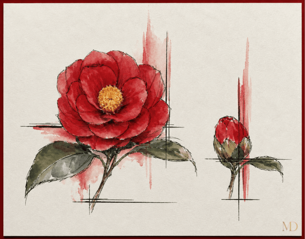 Ilustração conceitual em aquarela da Camellia japonica, flor que inspira a tecnologia Power Fermented Camellia+ presente no Shiseido Ultimune 4.0.